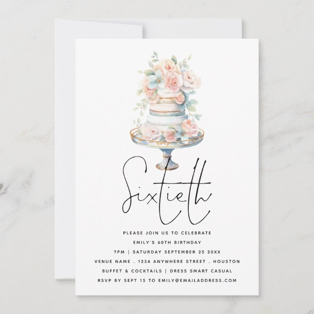 Elegant Cake Dusty Pink Peach Script 60th Birthday Invitation (Front)