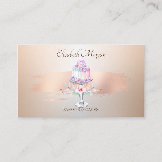 Elegant Cake Flower Rose Gold Brush Stroke Bakery Business Card (Front)