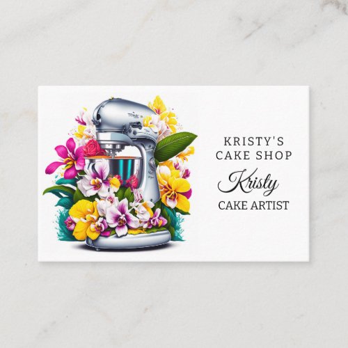 Elegant Cake Mixer Yellow Pink Orchids Bakery Business Card