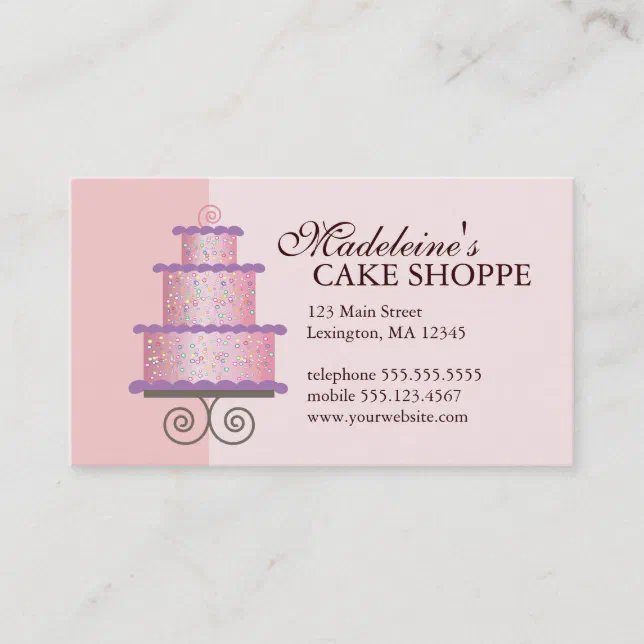 Elegant Cake on Pink Custom Bakery Business Card | Zazzle