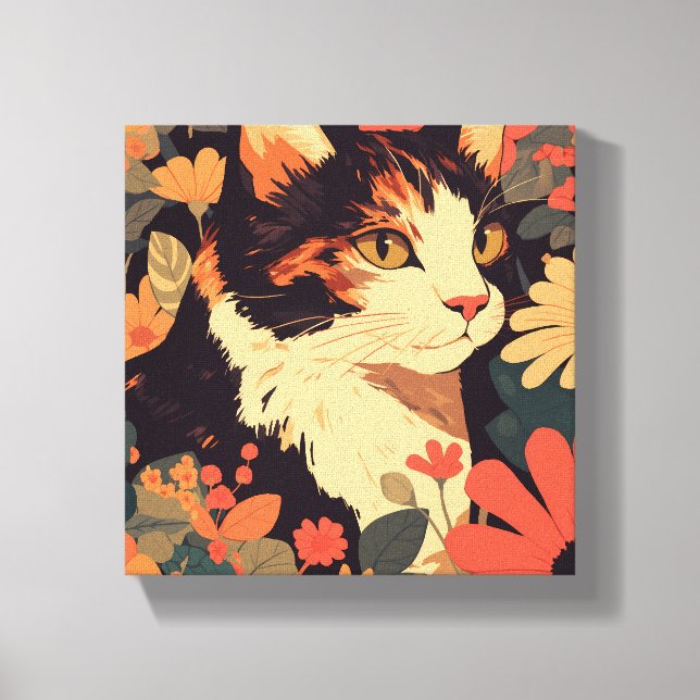 Elegant Calico Cat in Floral Garden Canvas Print (Front)
