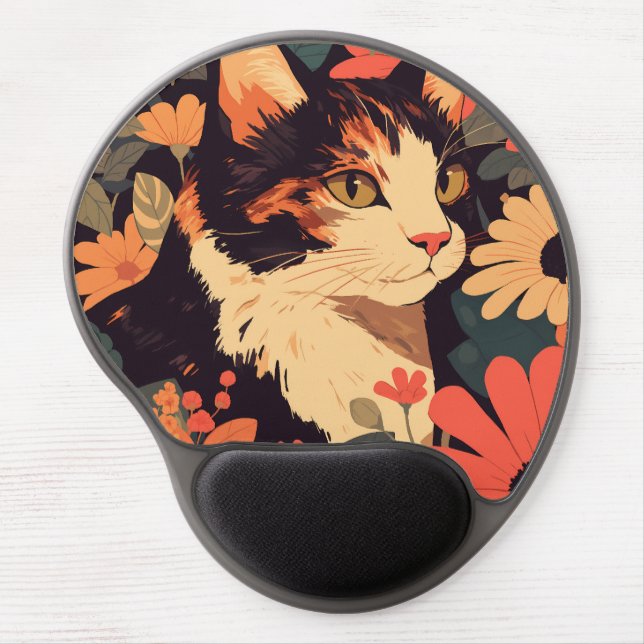 Elegant Calico Cat in Floral Garden Gel Mouse Pad (Front)