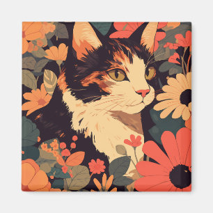 Elegant Calico Cat in Floral Garden Magnet