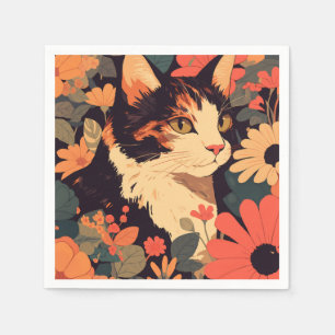 Elegant Calico Cat in Floral Garden Napkins