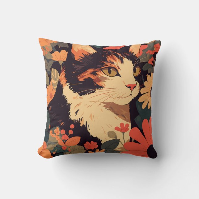Elegant Calico Cat in Floral Garden Throw Pillow (Front)