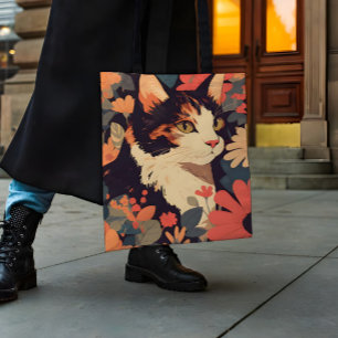 Elegant Calico Cat in Floral Garden Tote Bag