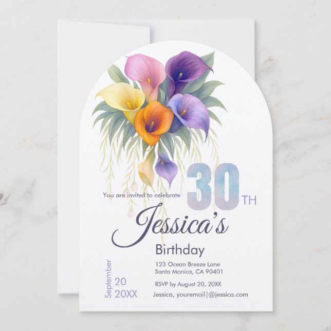 Elegant Calla Lily 30th Birthday Milestone Invitation (Front)