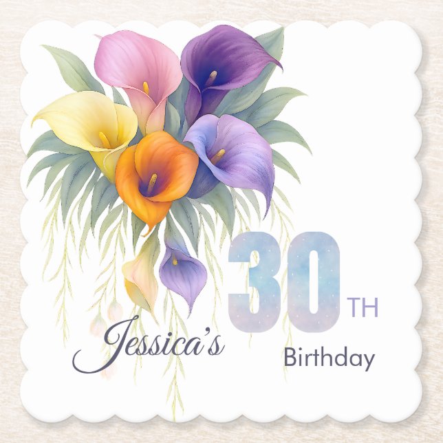 Elegant Calla Lily 30th Birthday Milestone Paper Coaster (Front)