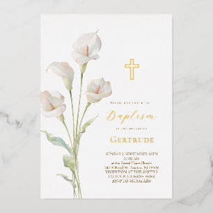 elegant calla lily flowers Baptism Foil Invitation