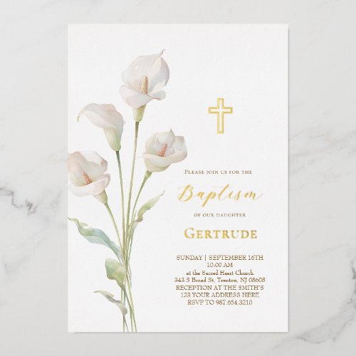 elegant calla lily flowers Baptism Foil Invitation