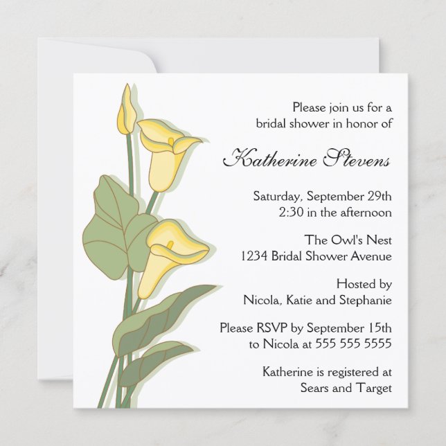 Elegant Calla Lily in Yellow Bridal Shower Invitation (Front)