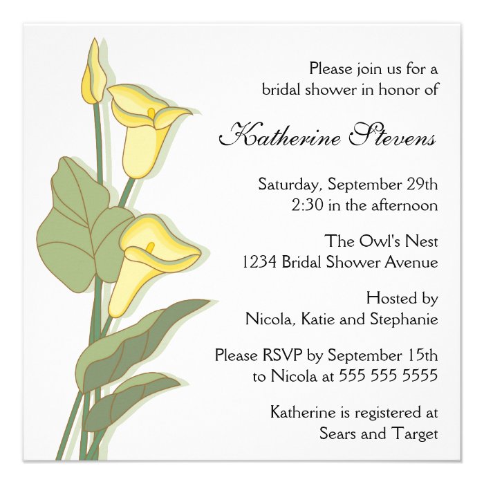Elegant Calla Lily in Yellow Bridal Shower Custom Invitations