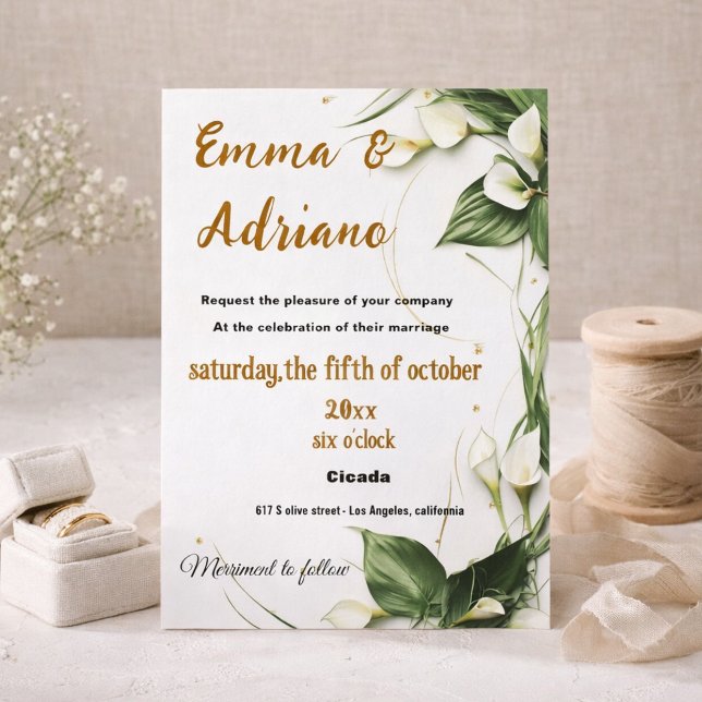 Elegant Calla Lily Wedding Invitation Gold Script  (Creator Uploaded)