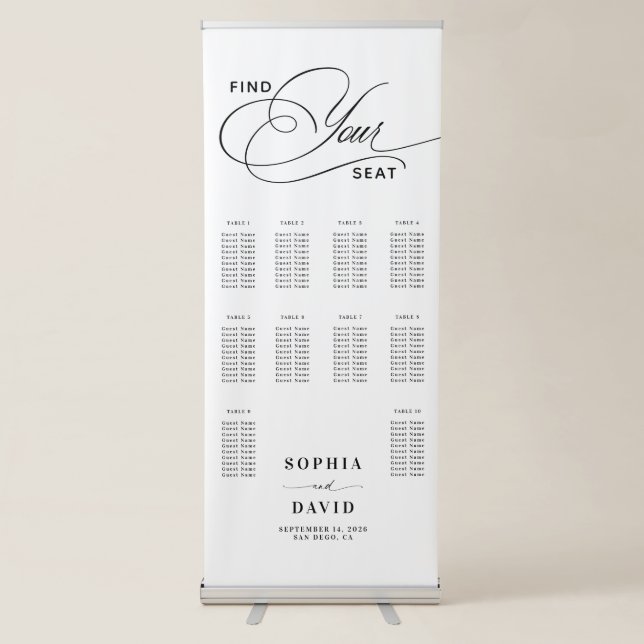 Elegant Calligraphy 10 Table Wedding Seating Chart Retractable Banner (Front)