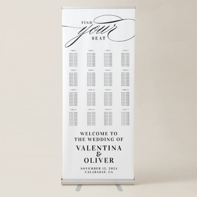 Elegant Calligraphy 16 Table Seating Chart  Retractable Banner (Front)