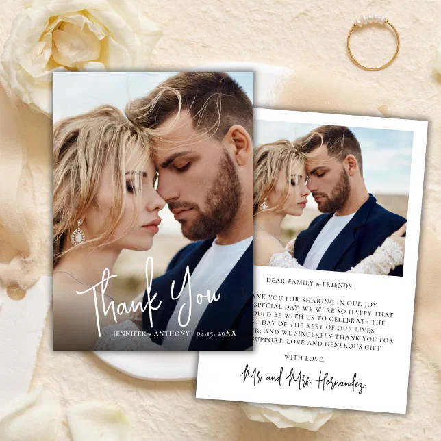 Elegant Calligraphy 2 Photo Wedding Thank You Note Card | Zazzle
