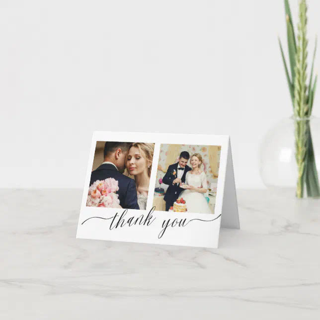 Elegant Calligraphy 3 photo wedding thank you card | Zazzle