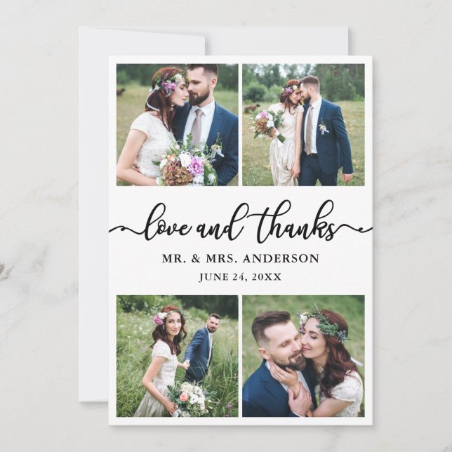 Elegant Calligraphy 4 Photo Wedding Photo Collage Thank You Card (Front)
