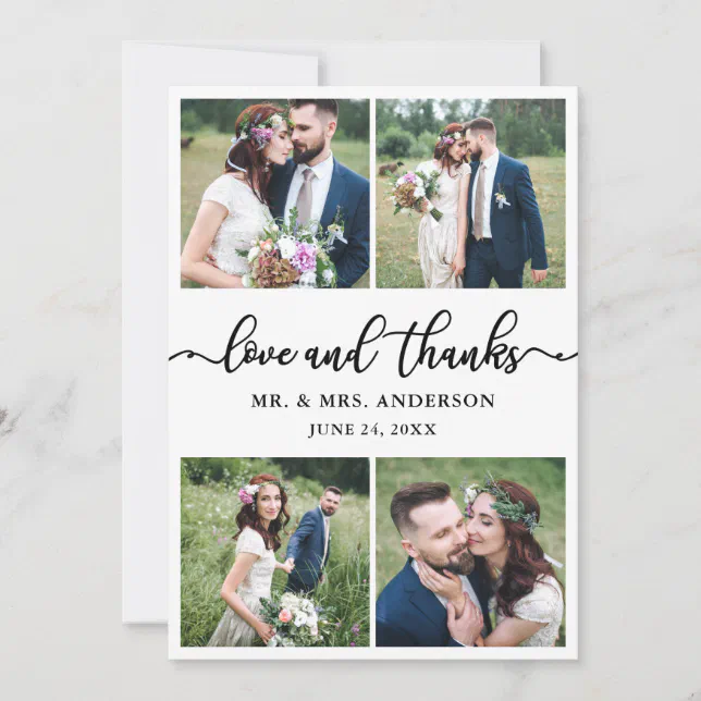 Elegant Calligraphy 4 Photo Wedding Photo Collage Thank You Card | Zazzle