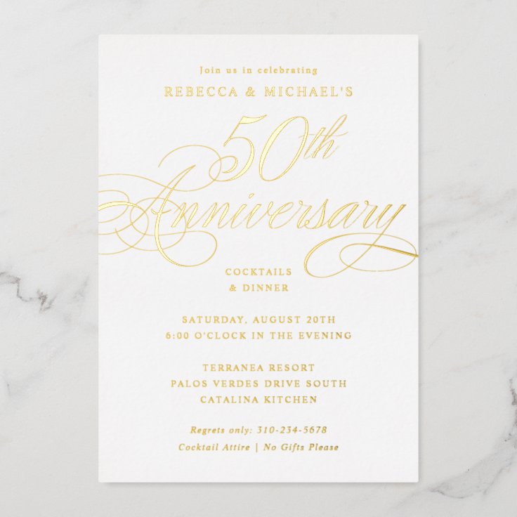 Elegant Calligraphy 50th Anniversary Party Foil Invitation | Zazzle