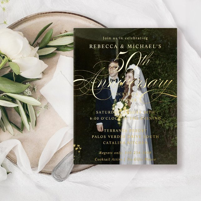 Elegant Calligraphy 50th Anniversary Party Foil Invitation Postcard (Creator Uploaded)