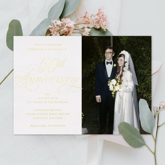 Elegant Calligraphy 50th Golden Anniversary Photo Foil Invitation (Creator Uploaded)