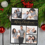 Elegant Calligraphy 5 Photo Collage Christmas  Holiday Card<br><div class="desc">Elegant Minimal Modern Elegant Calligraphy Black and Gold 5 Photo Collage Merry Christmas Script Holiday Card. This festive, minimalist, whimsical five (5) photo holiday greeting card template features a pretty grid photo collage and says „Merry Christmas”! The „Merry Christmas” greeting text is written in a beautiful hand lettered swirly swash-tail...</div>