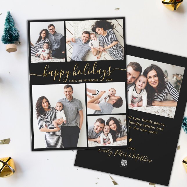 Elegant Calligraphy 5 Photo Collage Christmas  Holiday Card (Creator Uploaded)