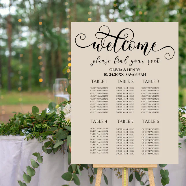 Elegant Calligraphy 6 Table Wedding Seating Chart Foam Board | Zazzle