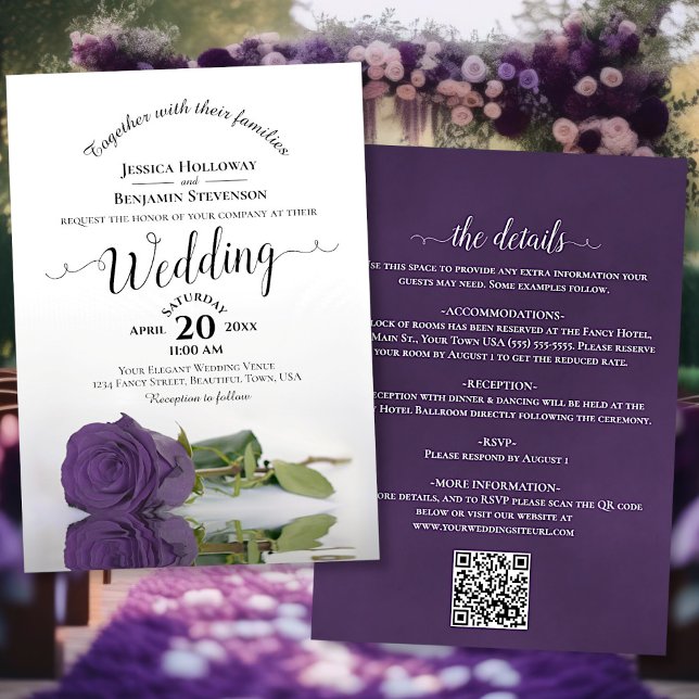 Elegant Calligraphy Amethyst Rose QR Code Wedding Invitation (Creator Uploaded)