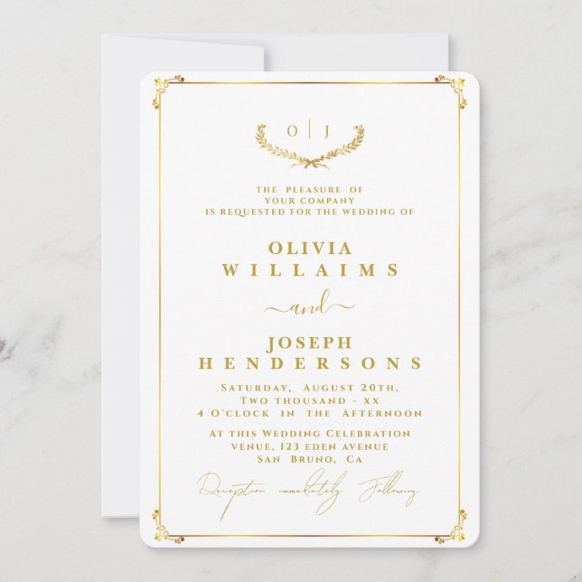 ELEGANT CALLIGRAPHY AND CHIC FRAME GOLDEN WEDDING INVITATION (Front)