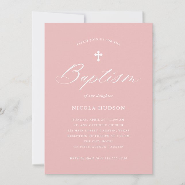 Elegant Calligraphy and Cross | Pink Baptism Invitation (Front)