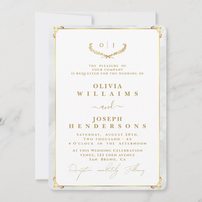 ELEGANT CALLIGRAPHY AND FRAME GOLDEN CHIC WEDDING INVITATION (Front)
