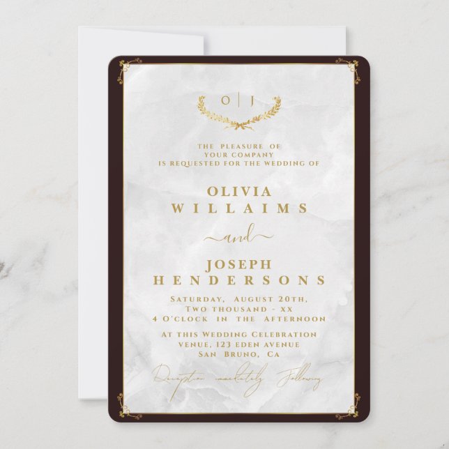 ELEGANT CALLIGRAPHY AND MARBLE FRAME GOLD WEDDING INVITATION (Front)