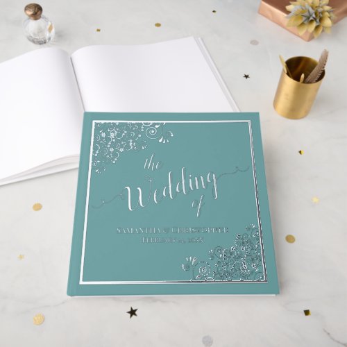 Elegant Calligraphy Aqua Teal Silver Foil Wedding Foil Guest Book