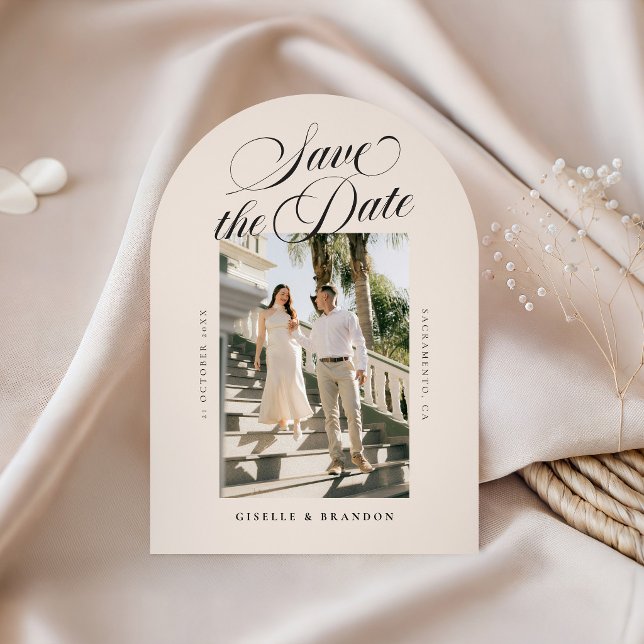 Elegant Calligraphy Arch Save the Date 1-Photo (elegant calligraphy save the date photo card in arch shape)
