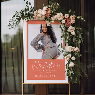 Elegant Calligraphy Baby Shower Peach Welcome  Poster