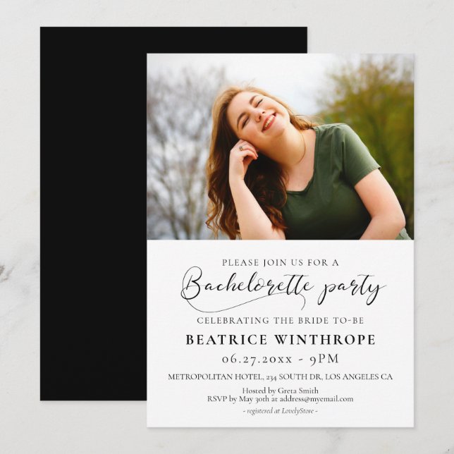 Elegant calligraphy Bachelorette Party photo Invitation (Front/Back)