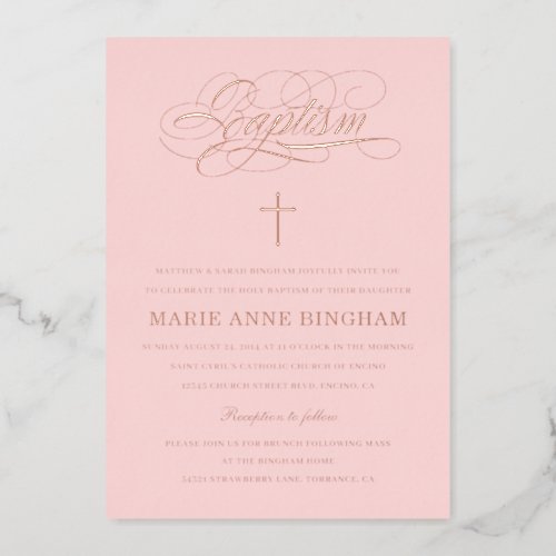 Elegant Calligraphy Baptism Blush Rose Gold  Foil Invitation