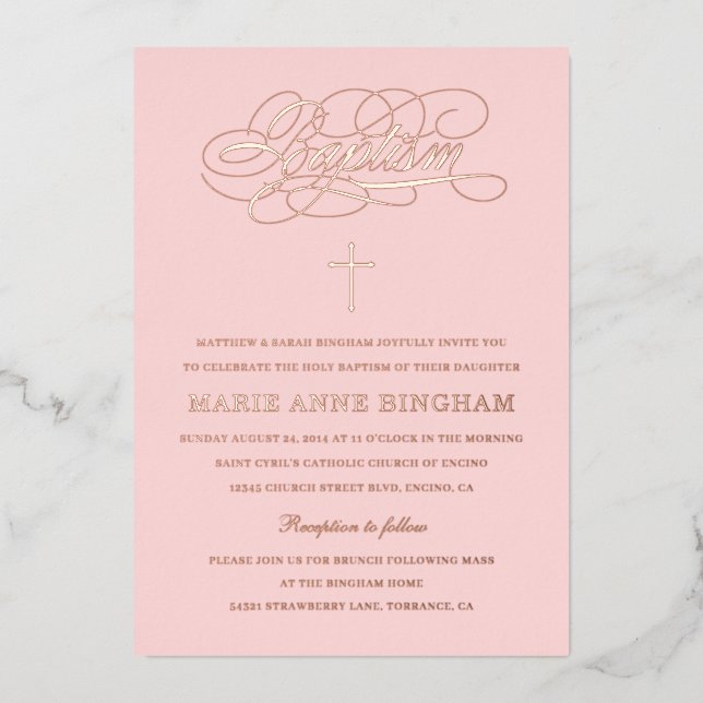 Elegant Calligraphy Baptism Blush Rose Gold  Foil Invitation (Front)
