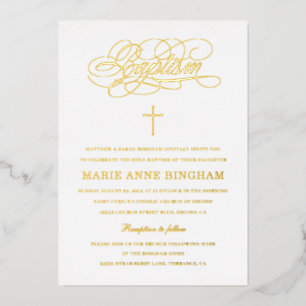 Elegant Calligraphy Baptism Gold Foil Invitation