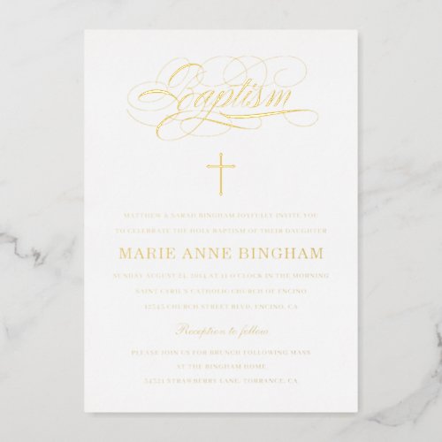 Elegant Calligraphy Baptism Gold Foil Invitation