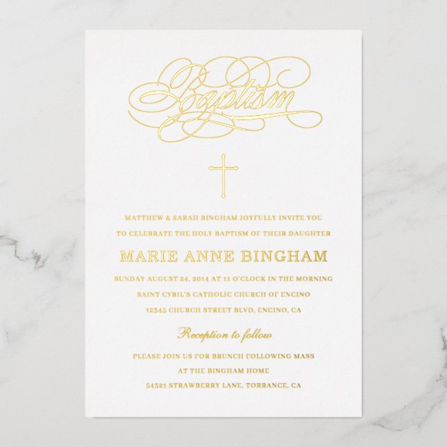 Elegant Calligraphy Baptism Gold Foil Invitation (Front)
