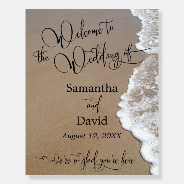 Elegant Calligraphy Beach Photo Wedding Welcome Foam Board (Front)