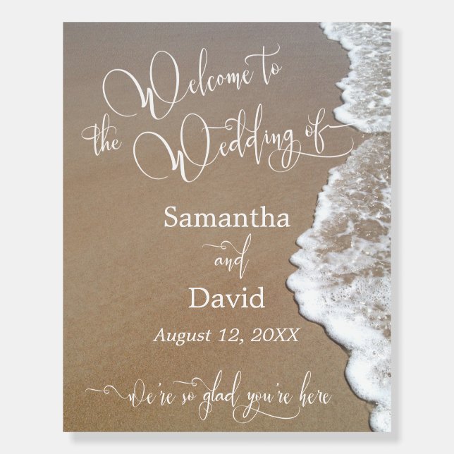 Elegant Calligraphy Beach Photo Wedding Welcome Foam Board (Front)