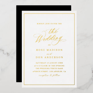 Elegant calligraphy black and gold foil wedding foil invitation