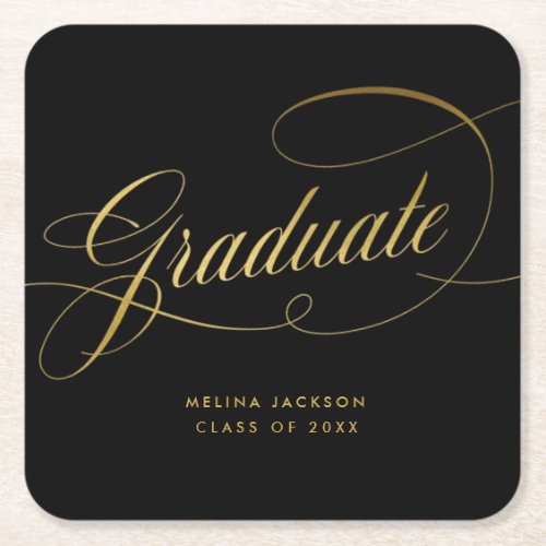 Elegant Calligraphy Black and Gold Graduation Squa Square Paper Coaster