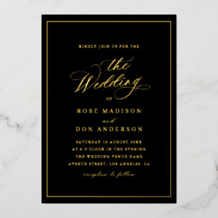 Elegant calligraphy black and gold wedding foil invitation