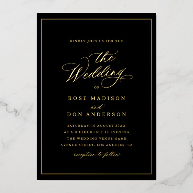 Elegant calligraphy black and gold wedding foil invitation (Front)