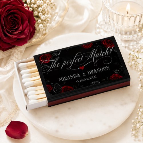 Elegant Calligraphy Black and Red Floral Wedding Matchboxes